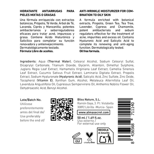 Crème hydratante anti-rides - Sans huile avec propolis, salicylique et thé vert. FPS 20 - 50ml - Alma Secret - 2