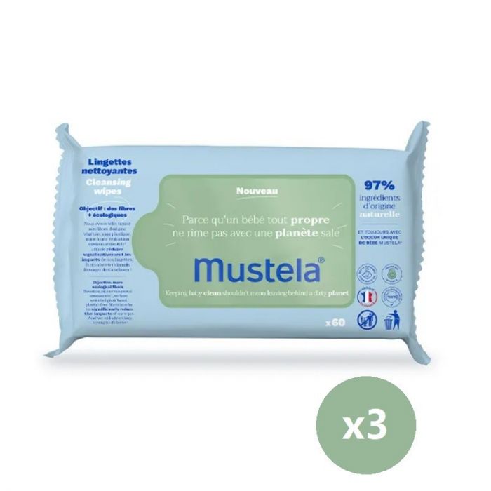 Lingettes nettoyantes écologiques en fibres naturelles - Mustela : 3x60 uds - 1