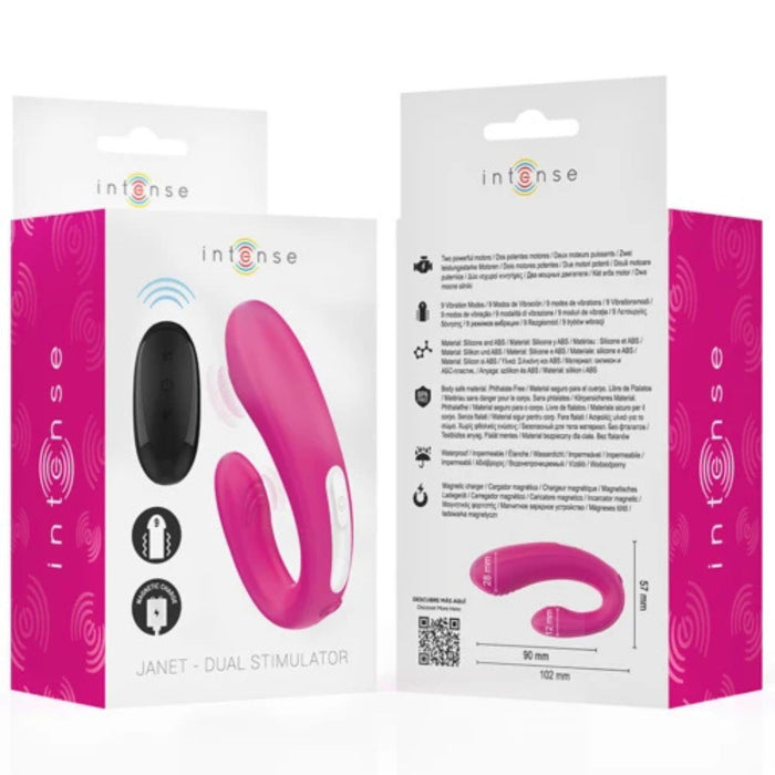 Janet Stimulateur & Vibromasseur Double en Forme de U avec Télécommande - Rose - Intense - 5