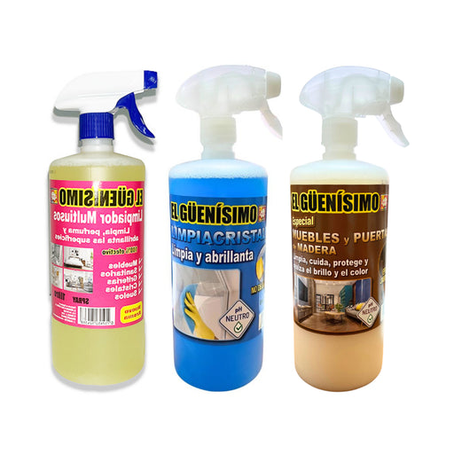 Pack 3 Nettoyants - Polyvalent, Nettoyant pour Vitres et Spécial pour Meubles - 3x 1000ml - El Guenisimo - 1