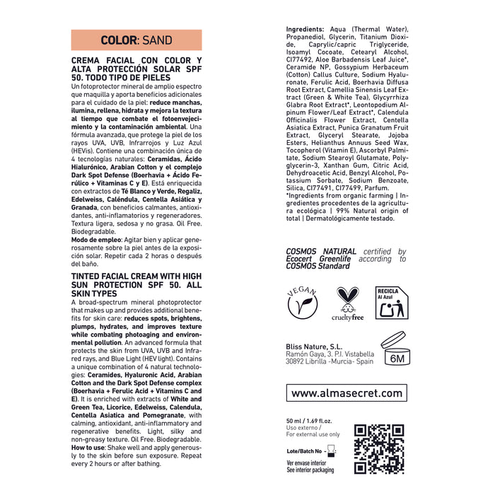 Crème Solaire Visage teintée SPF50 : Sable 50 ml - Alma Secret - 3