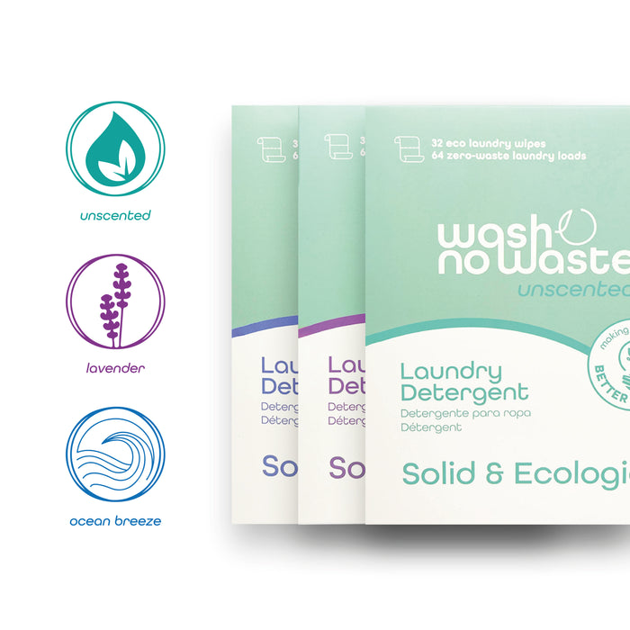 Détergent en bandes biodégradables - Pack de 3 - Lavande, Brise Océanique et Sans parfum - Wash No Waste - 7